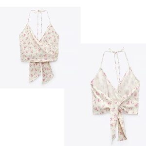Zara cream pink floral flower print cropped wrap top tie back open back Sz XL